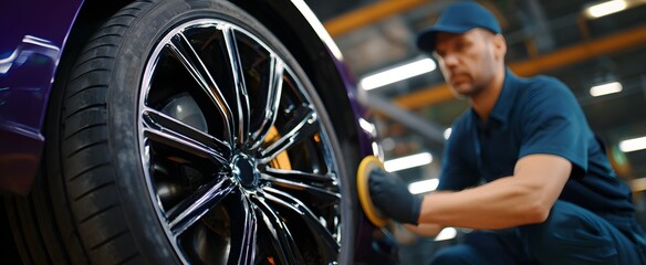 The mechanic&rsquo;s careful touch brings the car wheel to gleaming perfection.