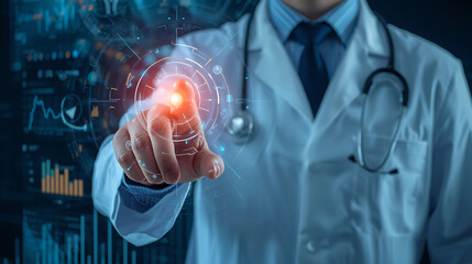 Doctor interacting with futuristic digital medical interface and data