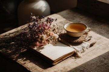 Vintage Book With Dried Flowers And Tea Cup