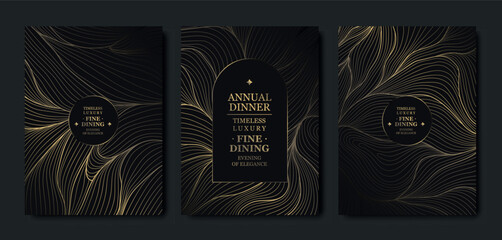 Premium gold background card design, elegant wave lines, abstract patterns, VIP aesthetic, luxury gala invitations. Modern vector template, dark geometric frame for events, invitations