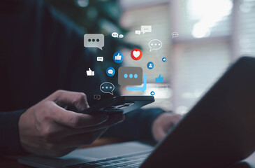 Person using smartphone with floating social media icons, representing communication, engagement, messaging, online interaction, and digital networking in modern social platforms