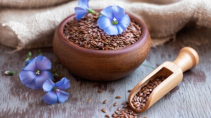 Naklejka premium Flax Seeds in Wooden Bowl with Blue Flowers. Generative AI