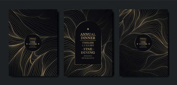 Premium gold background card design, elegant wave lines, abstract patterns, VIP aesthetic, luxury gala invitations. Modern vector template, dark geometric frame for events, invitations