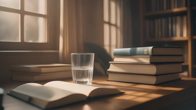 Detailed view of a study table with books water glass and warm window light