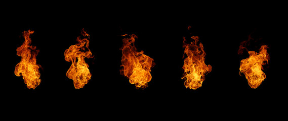 Realistic fire flames isolated on black background, symbolizing heat, energy, danger, and power. Perfect for design, advertising, motion graphics, or visual effects requiring burning flame textures.