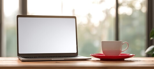 The laptop on a wooden desk with a red saucer and coffee cup