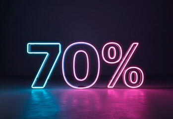 Neon discount banner displaying 70% off in bright blue and pink colors against a dark background. The numbers are bold and eye-catching, ideal for promotions.