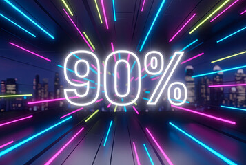 A vibrant neon discount banner displays '90%' with colorful light streaks radiating from the center. The background features a city skyline at night.