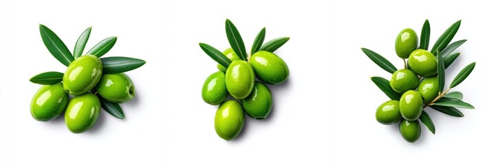 Obraz premium Fresh Green Olives and Leaves on White Background