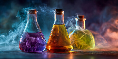 creative composition of chemical liquids mixing in glass flasks with colorful smoke in artistic laboratory