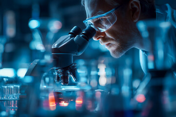 realistic close up of scientist using microscope in dim light laboratory with futuristic reflections