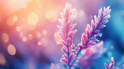 Frosty pink lavender flower with ice crystals glows in soft sunrise light, dreamy bokeh background creates magical, tranquil, and peaceful winter nature scene