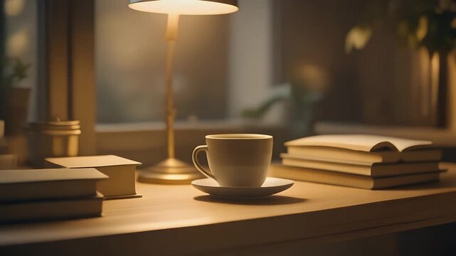 Warm desk light illuminating a stacked pile of books and coffee cup indoors