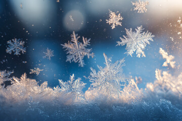 detailed macro view of frosty snowflakes on glass window with bright winter light