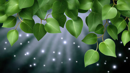 Green leaf nature foliage sunlight background fresh botanical outdoor bright peaceful. Green leaf foliage with sunlight rays and glowing bokeh create peaceful fresh nature background perfect