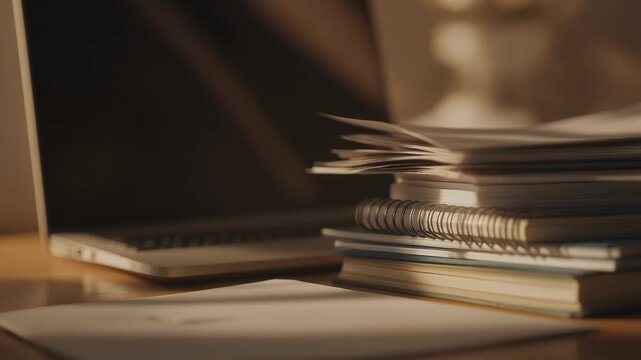 Books notebooks papers and laptop bathed in warm golden hour sunlight