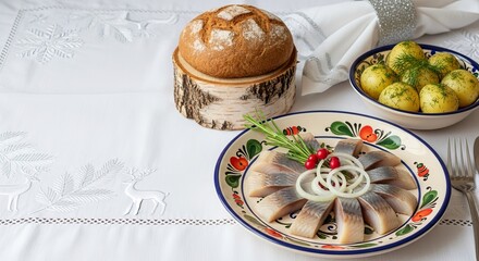 Traditional meal with herring, potatoes, and rustic bread on table  
