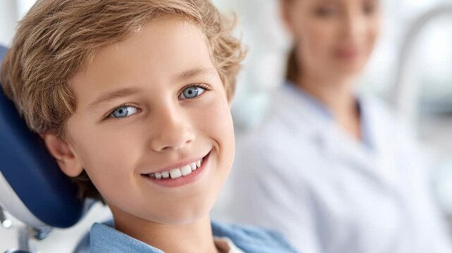 A cheerful boy with bright blue eyes smiles confidently in a dental chair, while a blurred dentist supervises.