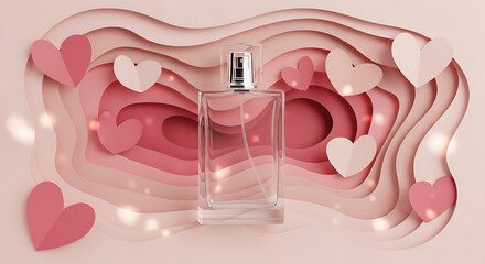 Elegant Glass Perfume Bottle on Pink Layered Paper Heart Background