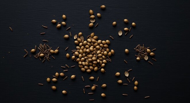 Coriander seeds and cumin on dark background