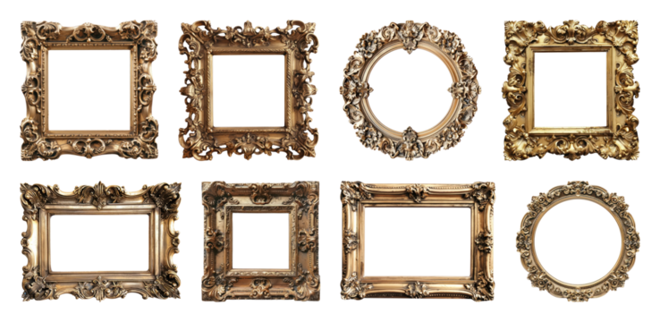 PNG Ornate gold frames collection, element set on transparent background - Powered by Adobe
