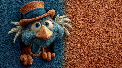 Humorous illustration of a turkey wearing a top hat popping out of a paper hole against an orange background. Thanksgiving day concept with copy space on the left, perfect for funny social media posts