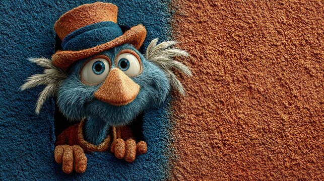 Humorous illustration of a turkey wearing a top hat popping out of a paper hole against an orange background. Thanksgiving day concept with copy space on the left, perfect for funny social media posts