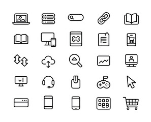 Digital devices online interaction outline icons set for web interface and technology