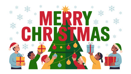 Christmas cheer shared under festive greetings, a heartwarming scene where people exchange presents beneath a decorated tree, and celebrate together the most wonderful time of the year.