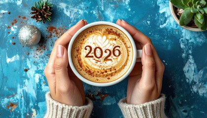Happy New Year 2026 theme number 2026 on frothy surface of cappuccino served in white coffee mug holding 