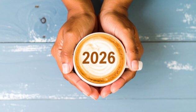 Happy New Year 2026 theme number 2026 on frothy surface of cappuccino served in white coffee mug holding 