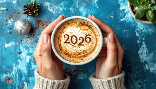 Happy New Year 2026 theme number 2026 on frothy surface of cappuccino served in white coffee mug holding 