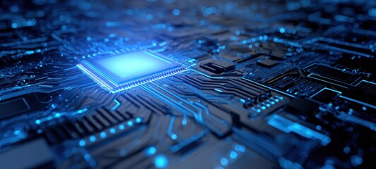 The microchip glowing on a futuristic blue circuit board representing digital technology