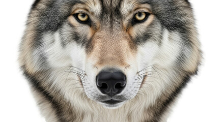 Close Up Portrait of a Gray Wolf with Piercing Yellow Eyes on Transparent Background Fierce Wild Animal Face Detailed Fur Texture Facing Forward
