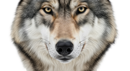 Close Up Portrait of a Gray Wolf with Piercing Yellow Eyes on Transparent Background Fierce Wild Animal Face Detailed Fur Texture Facing Forward