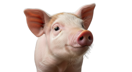 Close up portrait of a pink piglet with dirt on its face and ears against a transparent background detailed farm animal isolated studio shot