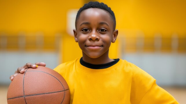 A young African American boy grins widely as he stands in a spacious gym, holding a basketball close to his chest. The warm yellow surroundings create a cheerful atmosphere