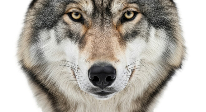 Close Up Portrait of a Gray Wolf with Piercing Yellow Eyes on Transparent Background Fierce Wild Animal Face Detailed Fur Texture Facing Forward - Powered by Adobe