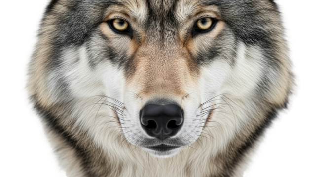 Close Up Portrait of a Gray Wolf with Piercing Yellow Eyes on Transparent Background Fierce Wild Animal Face Detailed Fur Texture Facing Forward - Powered by Adobe