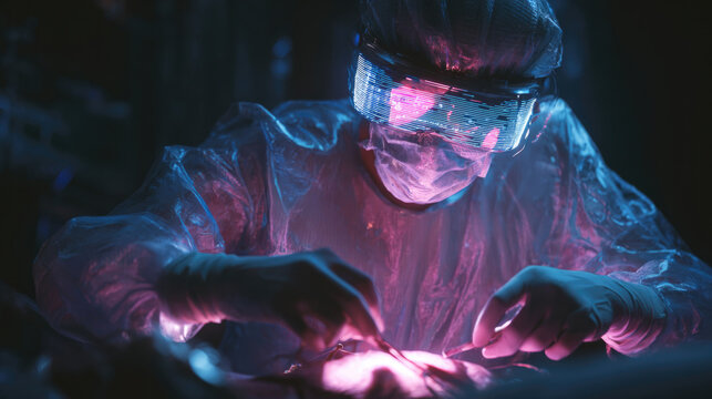 Futuristic surgeon using VR technology during advanced medical procedure - Powered by Adobe