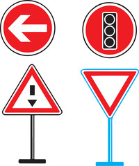 Traffic Road Sign Icon Set with Direction, Signal and Warning Symbols