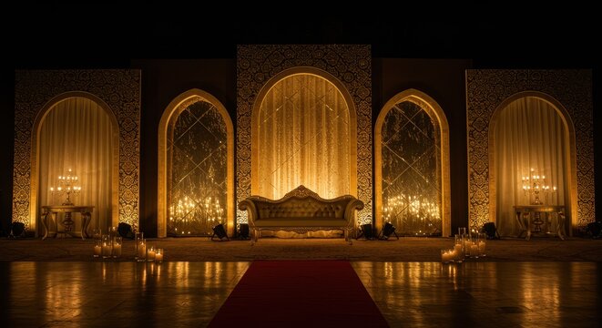 Grand Stage of Elegance: A captivating stage bathed in warm, golden light. A lavish sofa sits at the heart, with architectural arches adding depth to the scene. The red carpet invites.