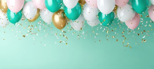The Balloons Floating Against Pastel Teal Background with Gold Confetti Celebration