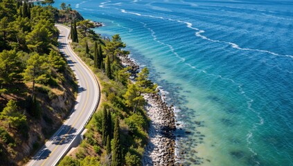 Aerial view of the winding road along the coast of adriatic sea in croatia on a sunny day