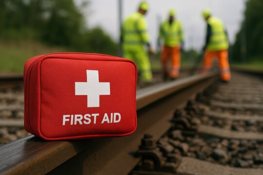 First aid kit prominently displayed on railway tracks, emphasizing safety and preparedness for railway workers. Concept of emergency management and workplace safety in transportation sectors.