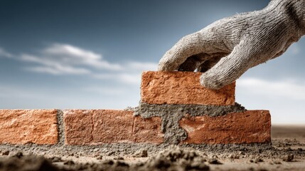 Hand Laying Brick On Construction Site
