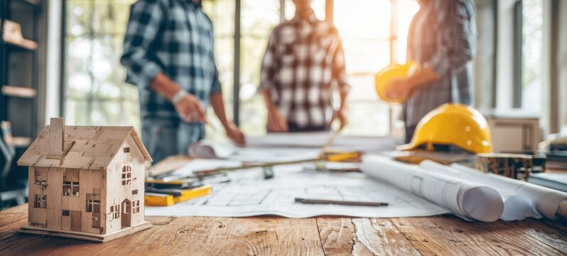 The house model on a table with blueprints and construction professionals