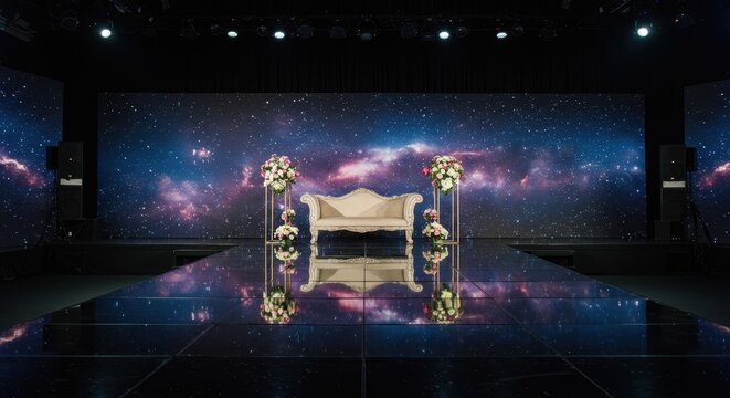 Celestial Stage Design: A captivating stage design with a galaxy-themed backdrop, featuring an elegant sofa, and sophisticated lighting, perfect for events and performances.