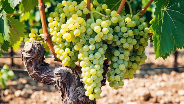 Closeup of ripe green grapes hanging on vine in vineyard, ready for harvest and winemaking