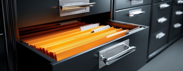The file cabinet drawer with bright orange hanging folders in modern office setting